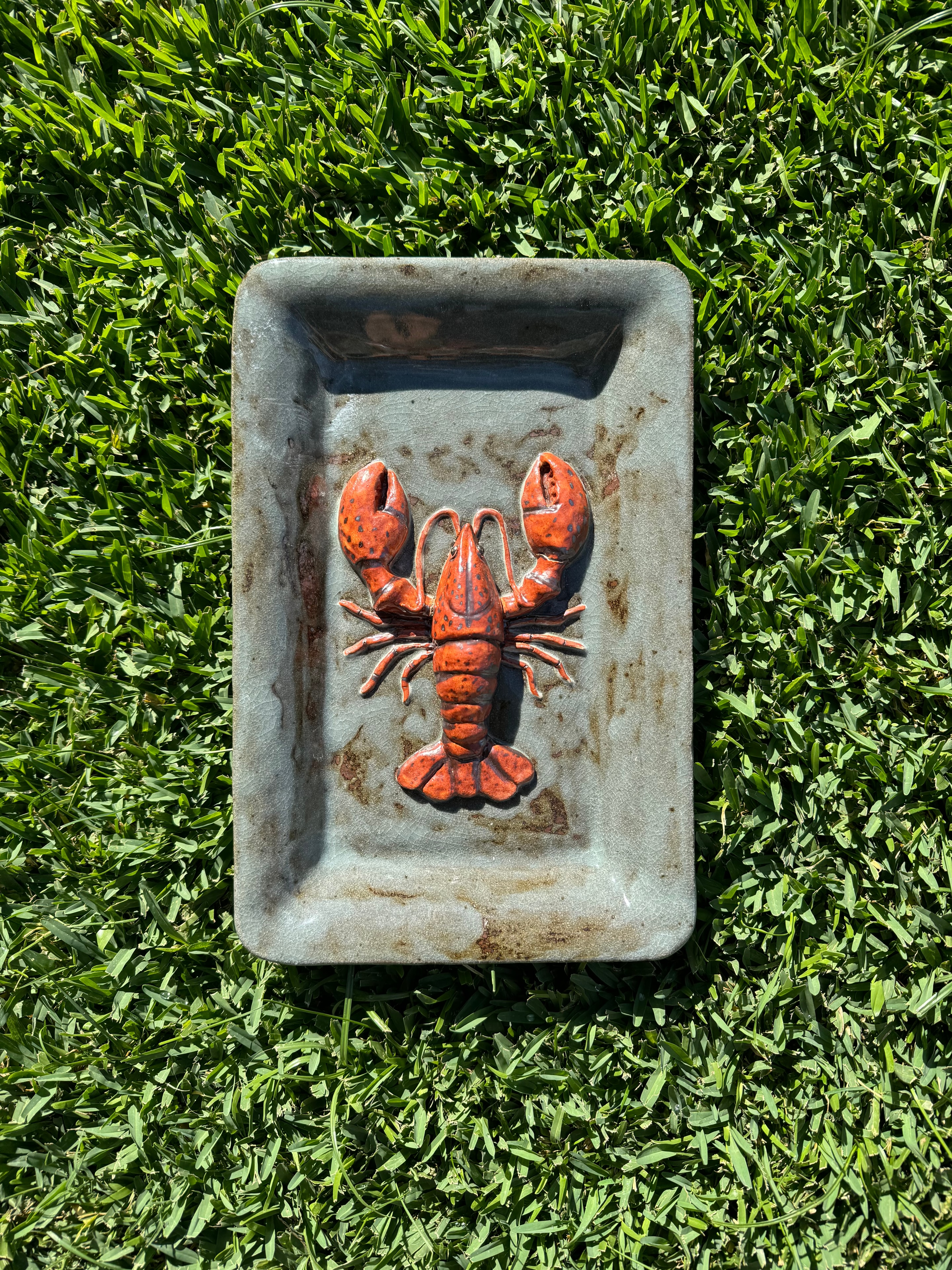 Handcrafted ceramic lobster dish on grass
